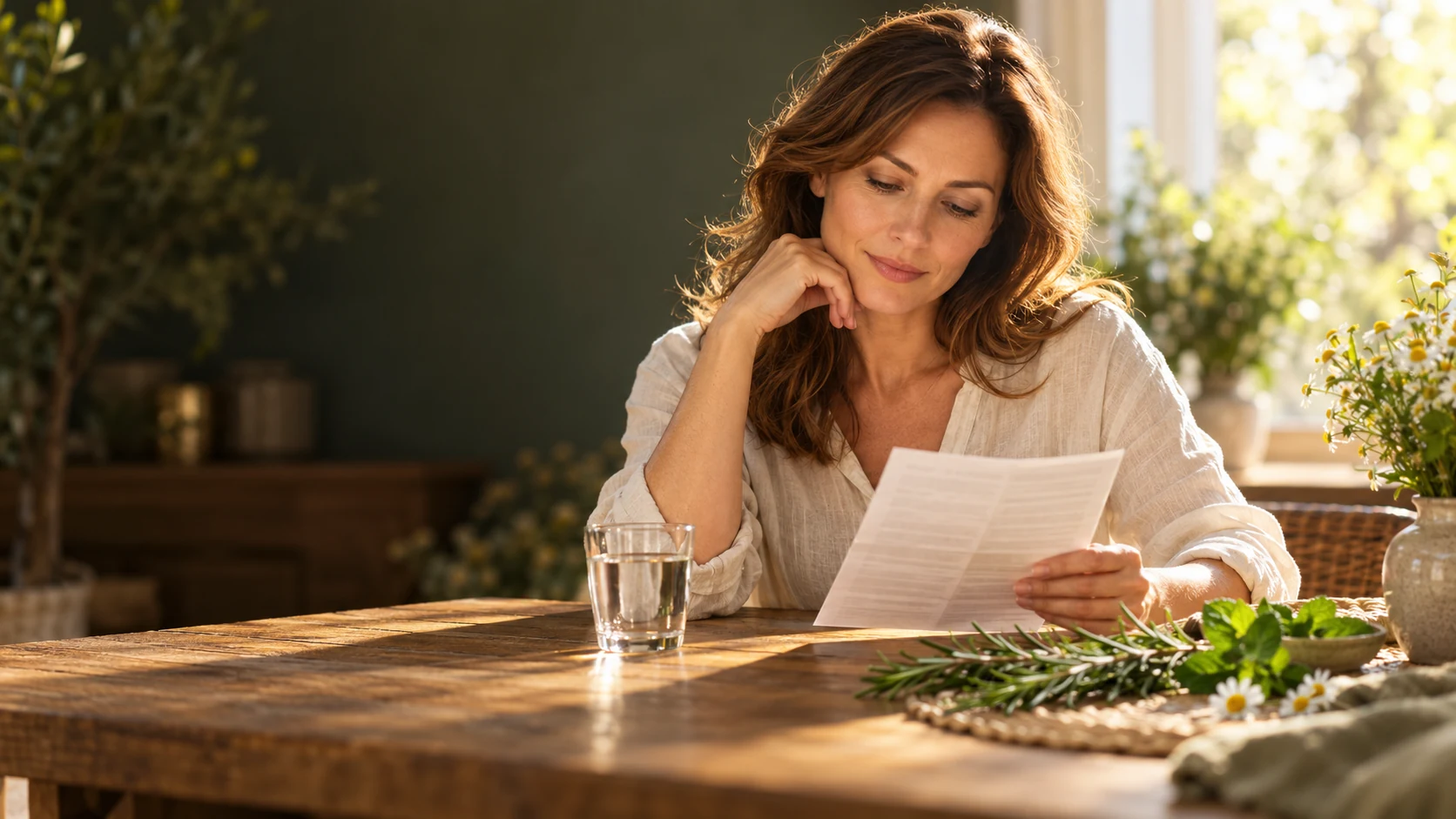 Femeie citind un material informativ la o masă cu plante aromatice și un pahar cu apă