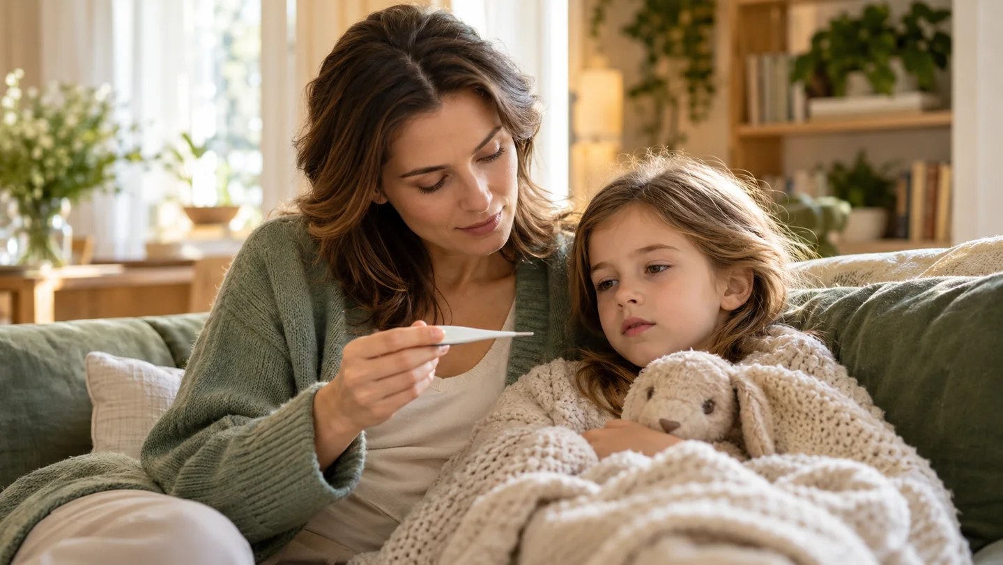 Mamă lângă copilul ei, ținând un termometru digital — imagine ilustrativă