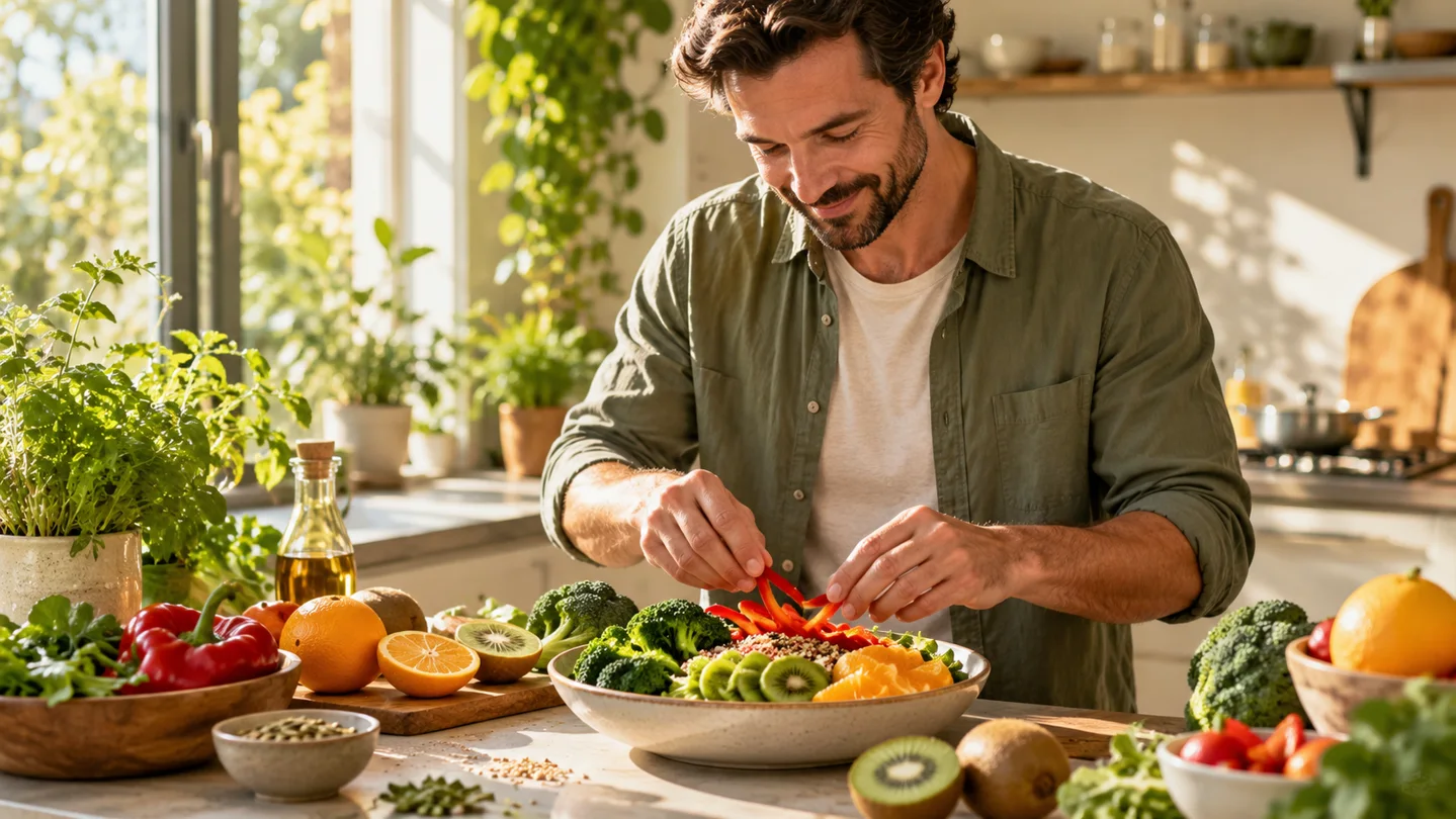 Bărbat pregătind ardei, kiwi, citrice și broccoli — imagine ilustrativă